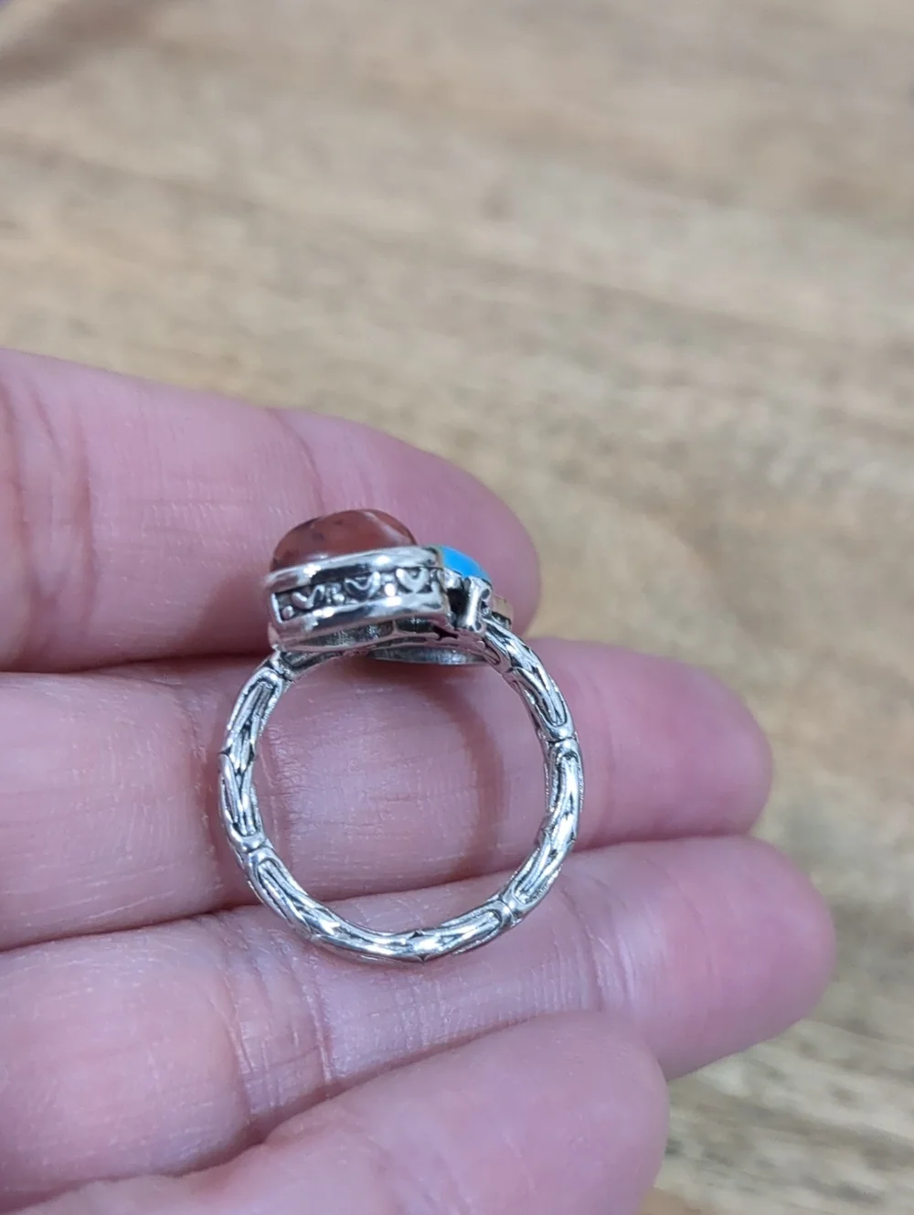 Silver Plated Heart Stone Double Ring - Turquoise Blue & Red Jasper